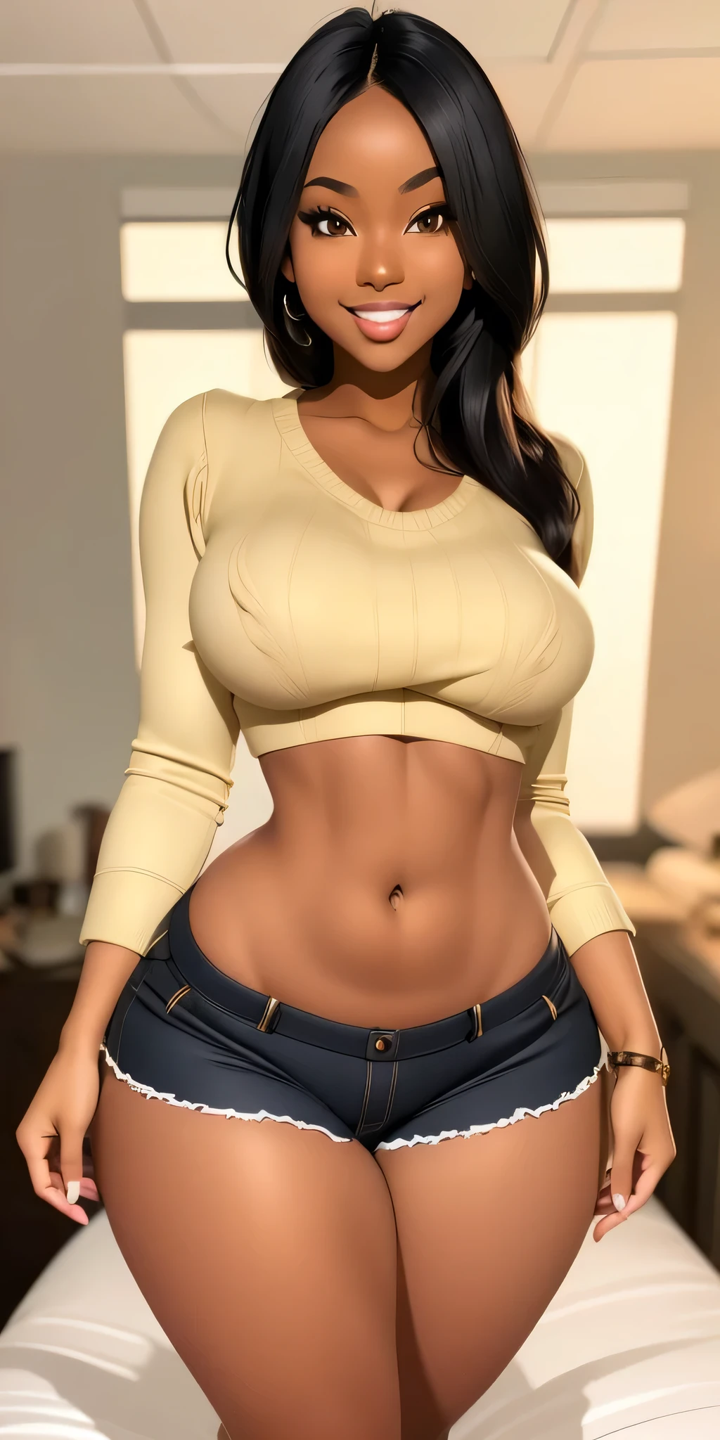 (((ebony beautiful woman))), stunningly beautiful eye, perfect body, (((hourglass body shape))), (((wide hips:1.5))), ((narrow waist:1.3)), (((gigantic breasts))), (((blue t-shirt and thong))), with long black hair in a ponytail and side-swept bangs, sexy long legs, muscular physique, luscious shiny wet lip-gloss on kissable lips, dark Huda Beauty mascara, Chanel makeup, Provocative pose, dynamic expression, flirtatious smirk, extremely rich detail textures, ((More Detail, enhance_all, fix_everything)), Enhance, masterpiece, 8k, UHD, best quality, super detail, thick fit