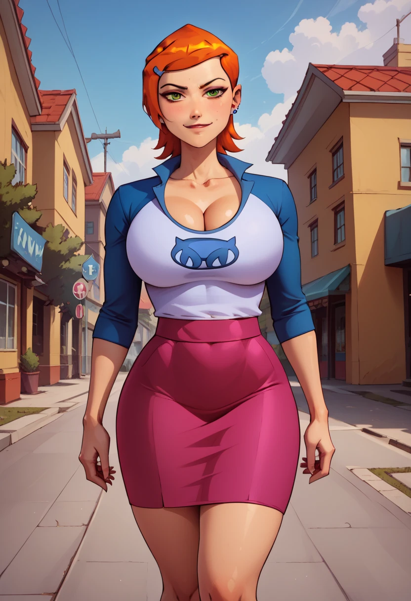 ((NSFW: 2)), ((High definition)), ((High quality)), ((best quality)), ((better quality)), ((masterpiece)), (detailed), (high detailed), (Ben 10), Gwendolyn Tennyson, young, beautifull, perfect face, wide waist, massive breast, thick thighs, thight white shirt (cleavage), thight micro red skirt, NSFW, in the school, seductive smirk, seductive pose,