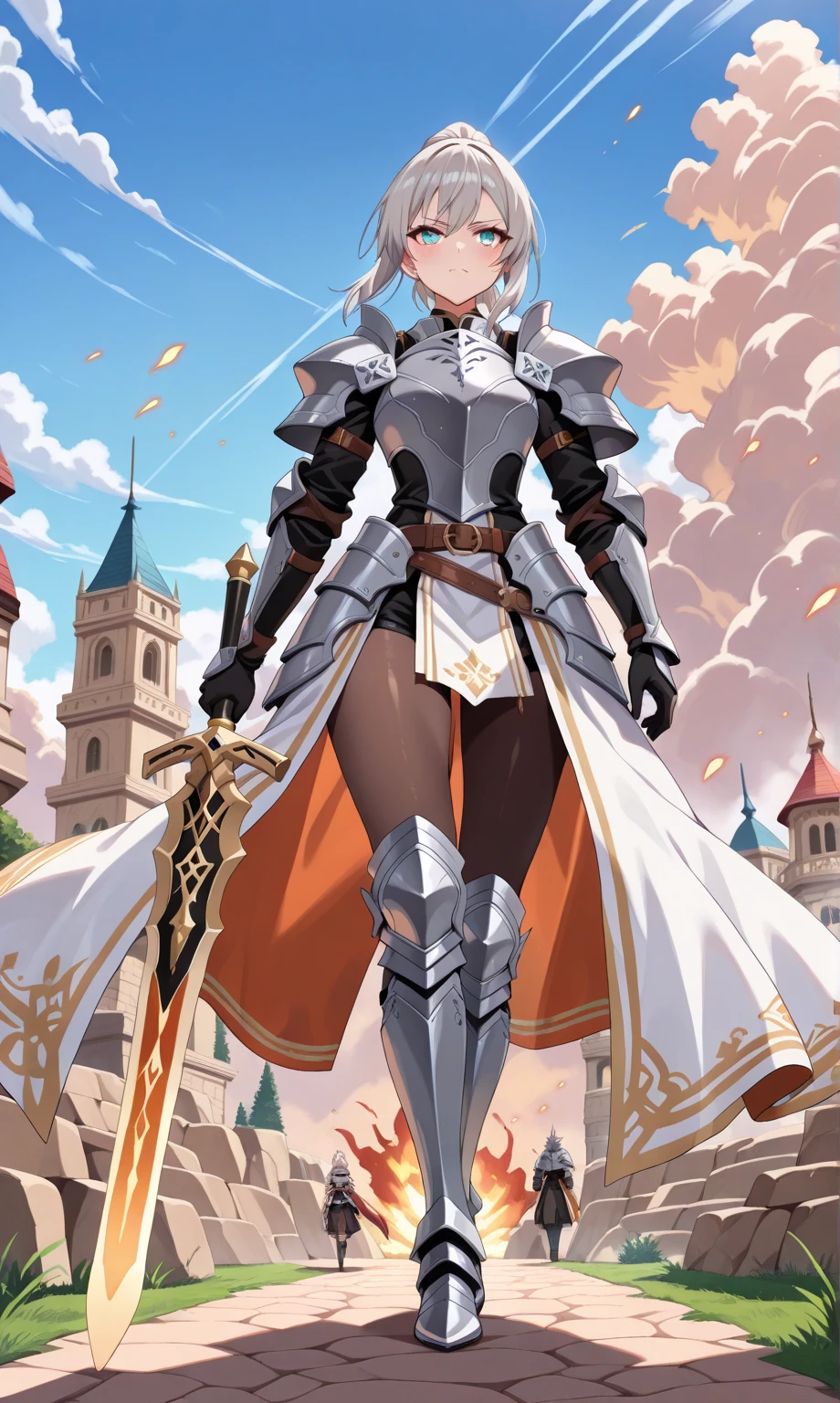 1 girl, (fully body), ((((dark skin)))), ((((short white messy hair)))), ((((full metal armor)))), greataxe in hand, snowy background, large breast, broad hips, SFW, sharp teeth, yellow eyes, ((((cuts on face)))), ((((worn metal armor)))), best quality, high resolution, extremely detailed, gorgeous, 8k wallpaper, masterpiece