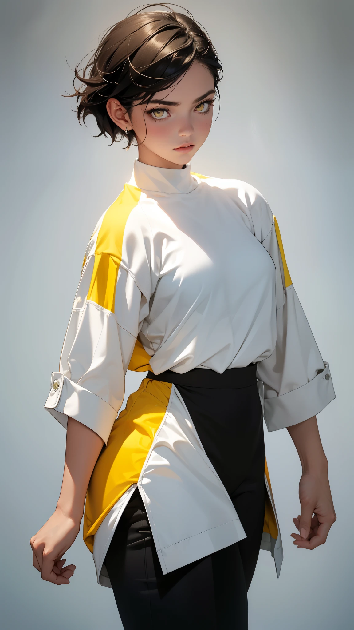 Design a pleated skirt model, wide planks and in the division combine it with yellow color, above the ilban surrounded with yellow ribbon and the yellow blouse combined with white and some blue sherleader-type design for a  sports girl with the colors of yellow Brazil, blue and white.
