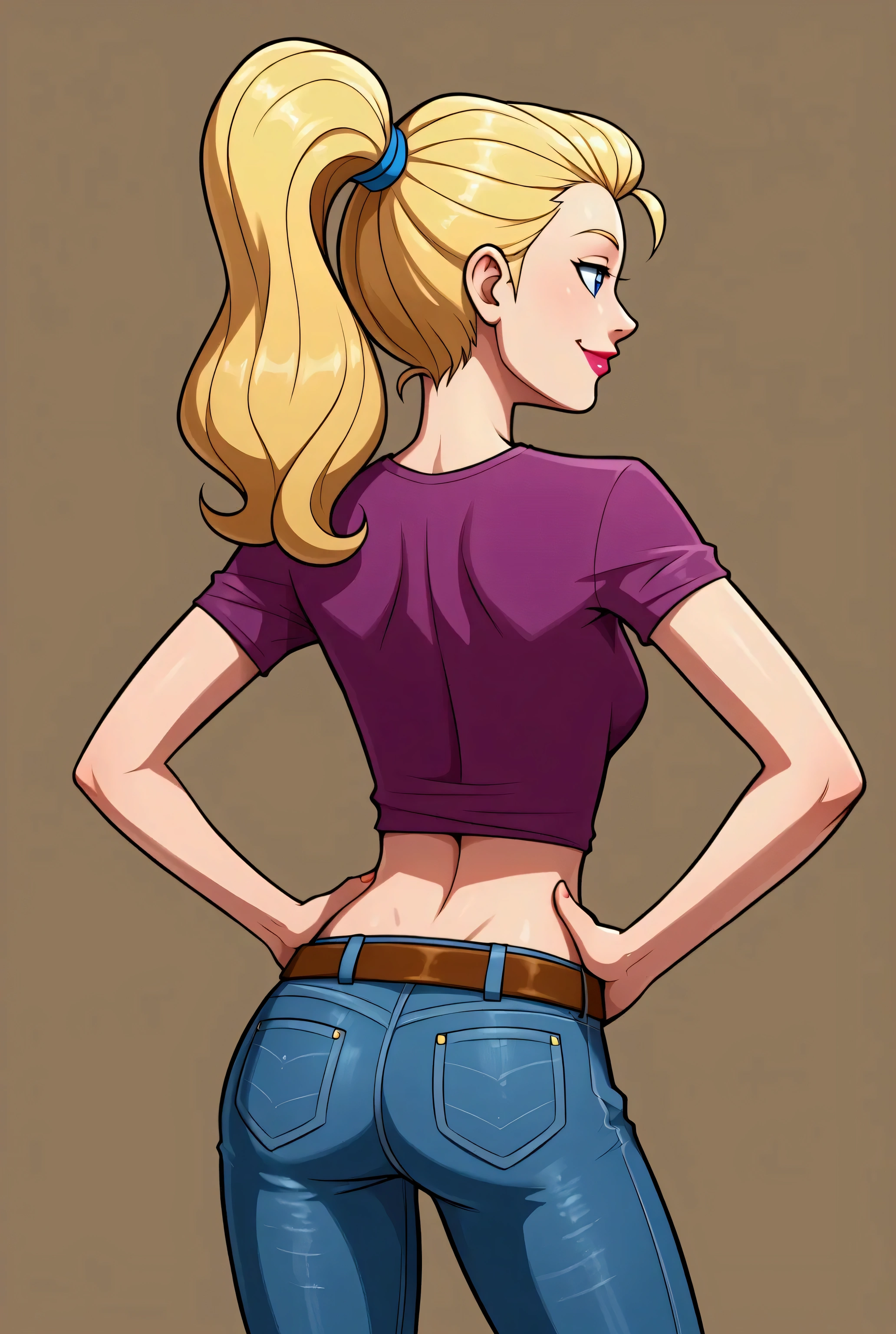 Blonde girl with ponytail, solo, wearing lipstick, jeans, belt, blue long-sleeved shirt, taut shirt, midriff, navel, smile, back view, hands on hips, tilting