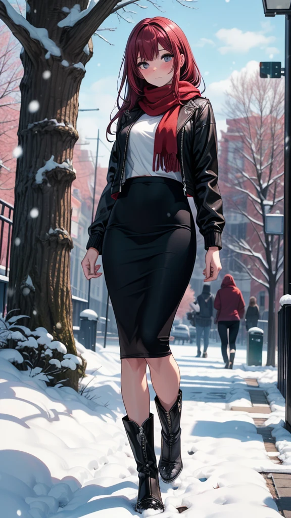 ((masterpiece, best quality:1.3, high detail)), beautiful woman, looking at viewer, long hair, (maroon hair), full-face blush, solo focus, one person, (brown jacket, white blouse, red scarf, (long black pencil ((skirt))), long pencil skirt, boots, outdoors, (cloudy sky, snow), (lower body), (realistic), (realism), (ultra detailed), park, tree,