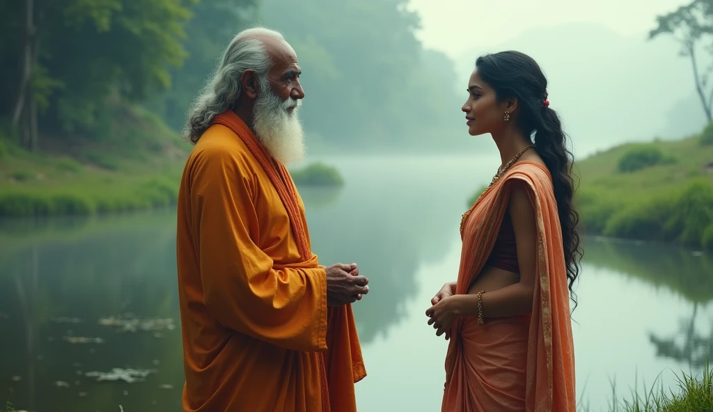 Beautiful cultured girl walking near river with sadhguru sri madhusudhan sai