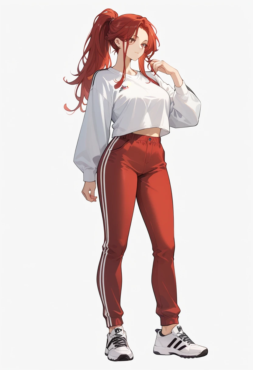  Tall, long-haired woman , long arms ,  long red hair in a ponytail, Adidas clothing 