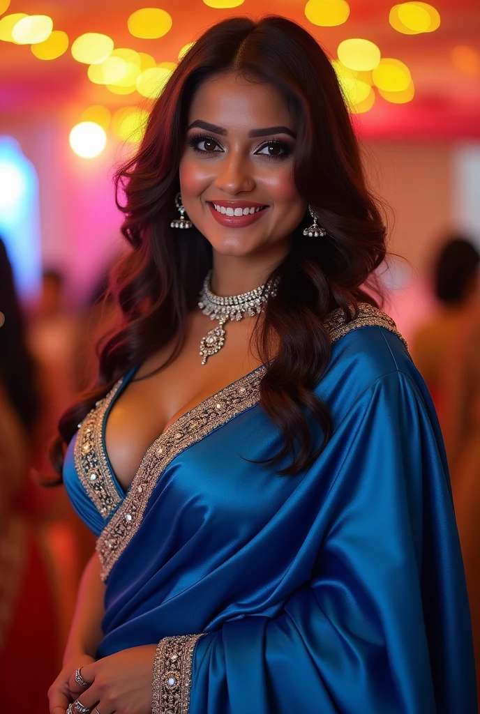 hires half body photo of a beautiful 25 -year-old desilatte woman, smiling, embroidered ethnic dress, dynamic pose, highly textured skin, outdoors night time, background bokeh, deep cleavage,