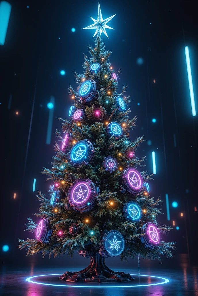 Sci-fi Christmas tree, machinery, holographic shield, octagram glowing blue particle, mechanical star on top of the tree, dramatic view, cinematic effect, colorful light