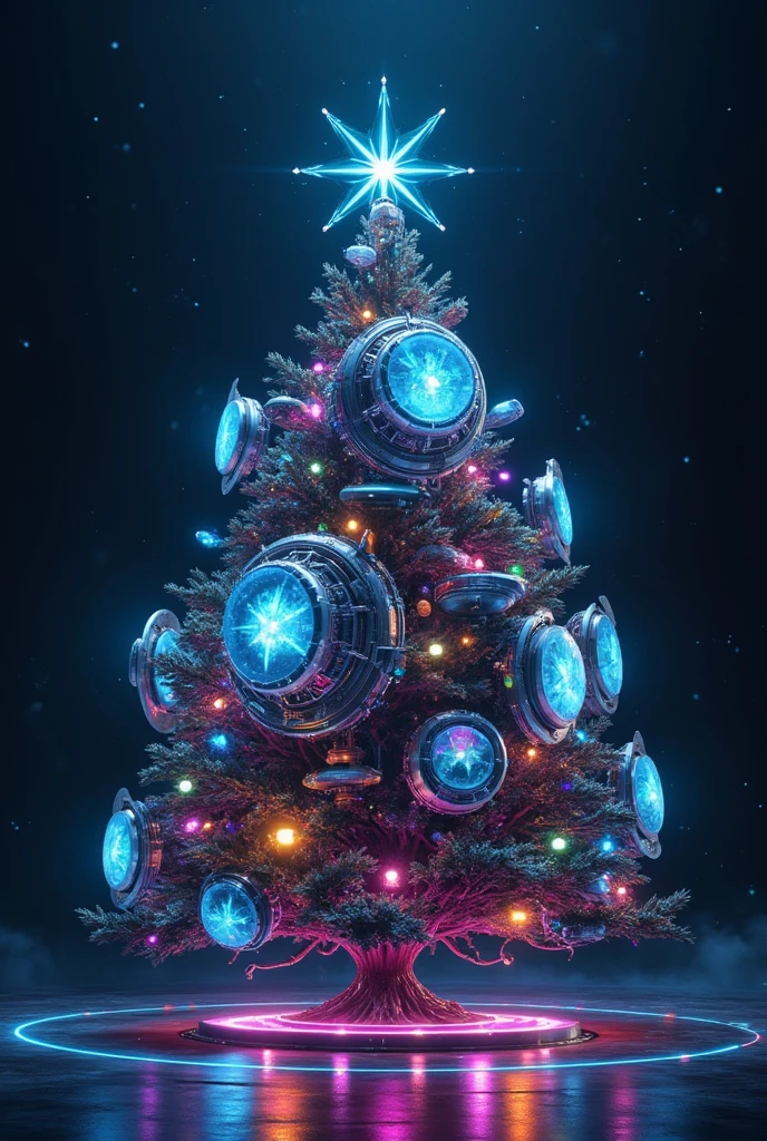 Sci-fi Christmas tree, machinery, holographic shield, octagram glowing blue particle, mechanical star on top of the tree, dramatic view, cinematic effect, colorful light