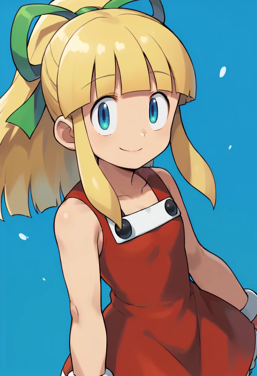 score_9, score_8_up, score_7_up, source_anime, solo, ishikawa hideki style, Roll (Mega man), long hair, bangs, blue eyes, blonde hair, dress, ribbon, hair ribbon, ponytail, sidelocks, collarbone, sleeveless, blunt bangs, sleeveless dress, red dress, green ribbon, medium chest, standing up smile, blue background