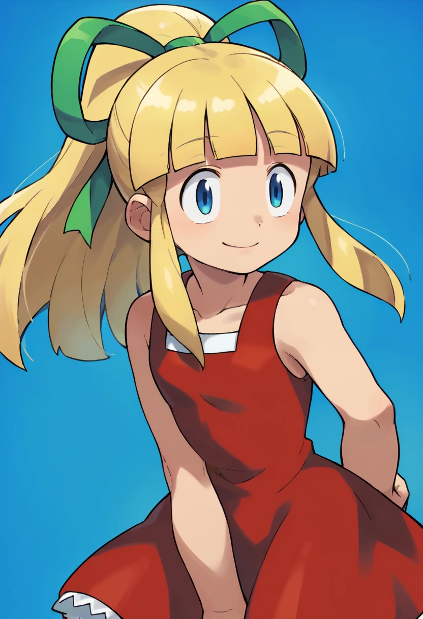 score_9, score_8_up, score_7_up, source_anime, solo, ishikawa hideki style, Roll (Mega man), long hair, bangs, blue eyes, blonde hair, dress, ribbon, hair ribbon, ponytail, sidelocks, collarbone, sleeveless, blunt bangs, sleeveless dress, red dress, green ribbon, medium chest, standing up smile, blue background