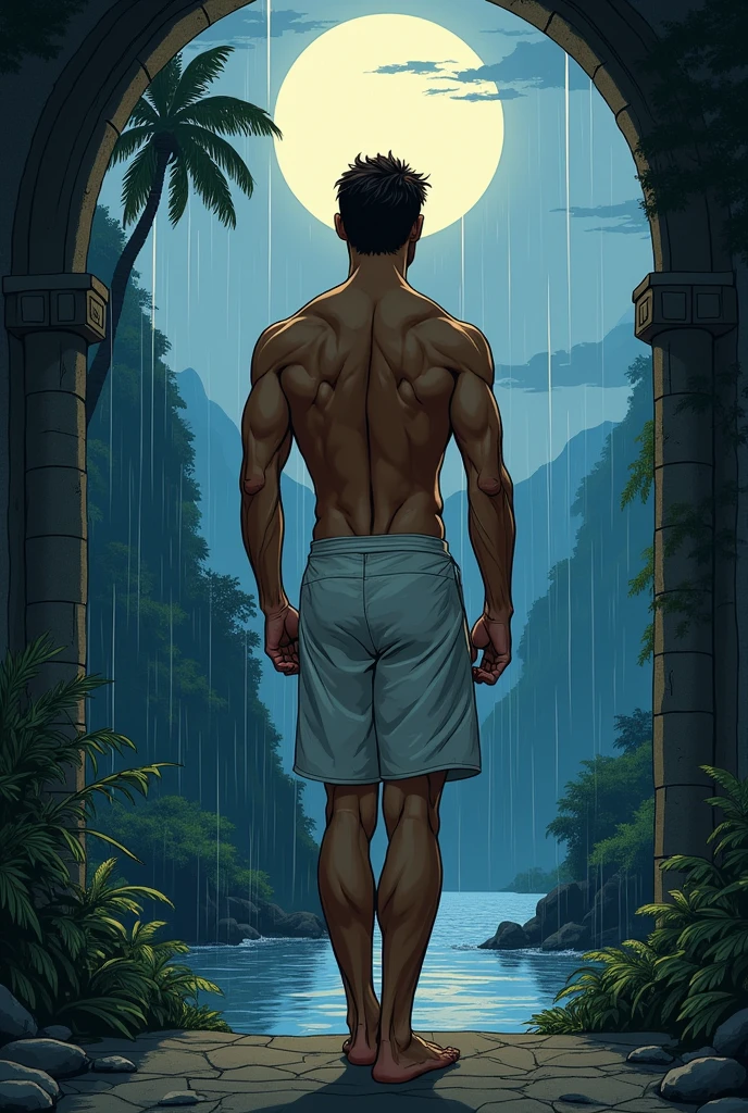 illustration that evoke stoicism men from 25 years old, shirtless, barefoot, strong, slim body Importance of Reason Style: Scientific realism, with a focus on detail and precision. Color palette: Cool, neutral tones (navy blue, gray, white) to convey clarity and objectivity. Expression: A concentrated and determined gaze, brow slightly furrowed in thought. Setting: A  young strong handsomen  cinnamon sking, man standing on a garden of black roses  in the background you can see a chourch, spanish classical model house,golden hour, 
