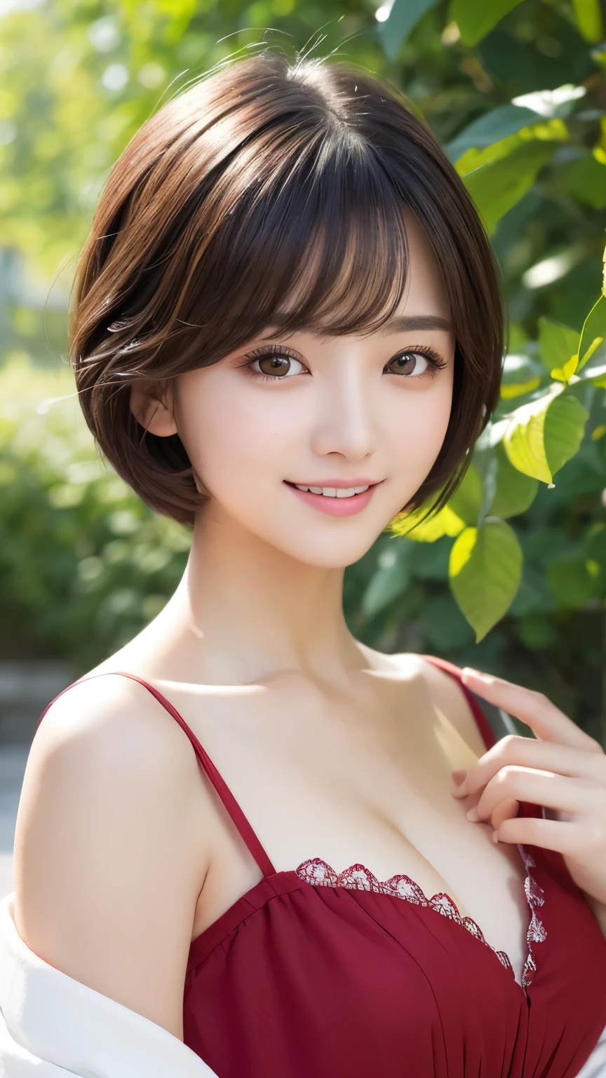 masterpiece,  top quality, Illustration,  ultra detail,  fine detail,  high definition , 8k wallpaper,  perfect dynamic configuration ,  beautiful detailed eyes,  women's fashion, very short hair , Small Breasts Natural Color Lips ,  Bold Sexy Poses ,smile,Harajuku、 20 year old girl 、cute、 staring at the camera 、Peasant Dress、Background Outdoor