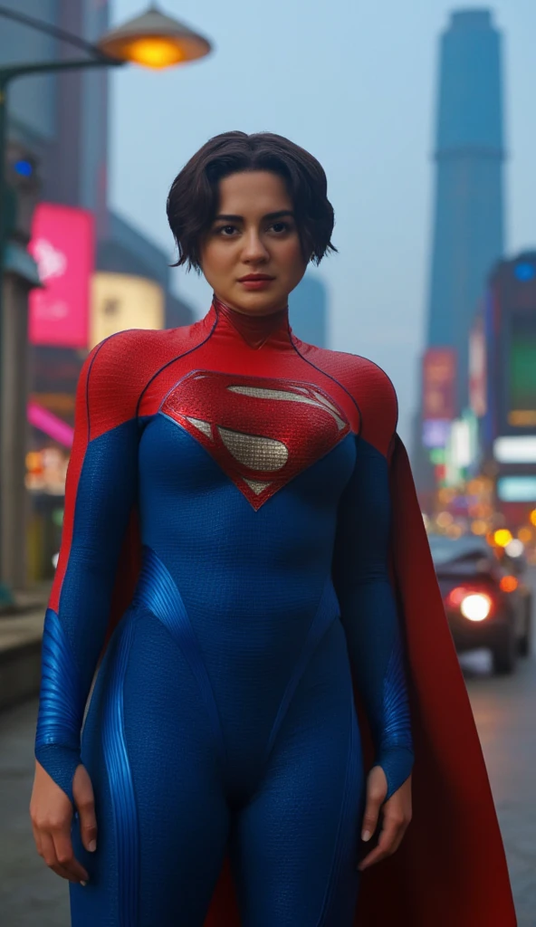 Hania Amir in Supergirl costume, HD, remastered, HQ, 4K quality, cyberpunk cityscape, The very sexy Supergirl with her neckline outfit 