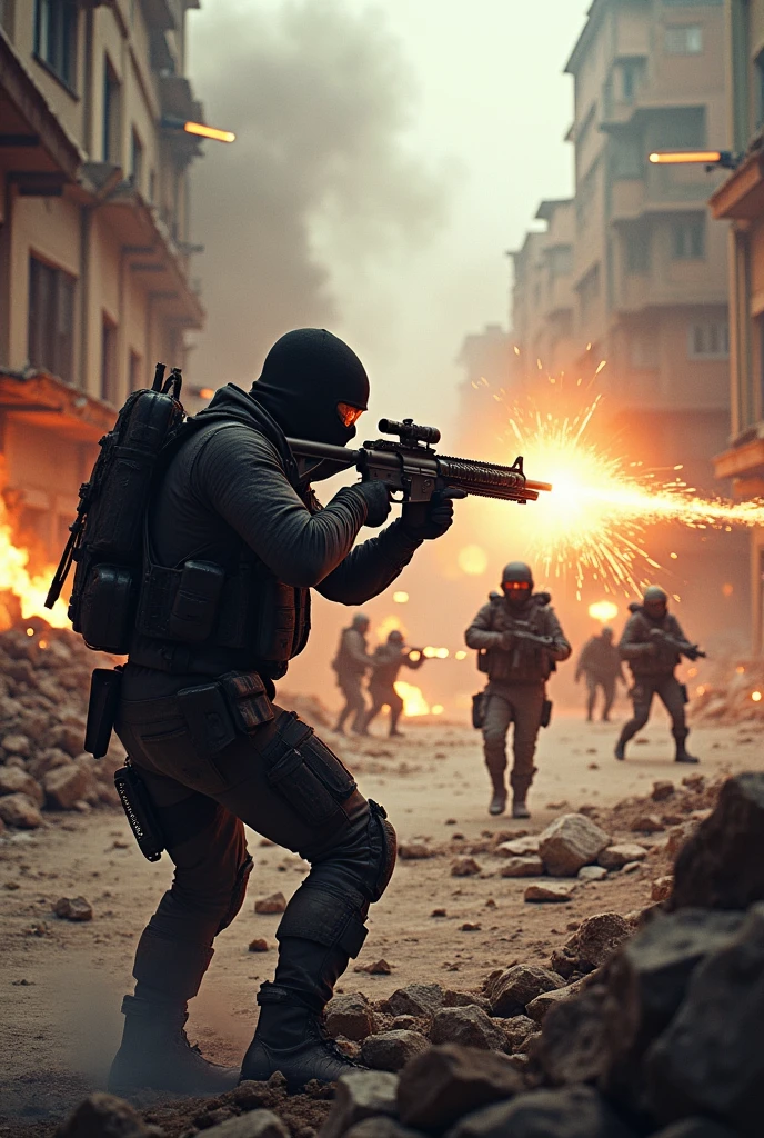 A group of armed extremists attacking innocent civilians, detailed realistic combat scene, gritty war-torn environment, explosions, smoke, fear, chaos, (best quality,4k,8k,highres,masterpiece:1.2),ultra-detailed,(realistic,photorealistic,photo-realistic:1.37),cinematic lighting,dramatic shadows,muted color palette,visceral,unsettling