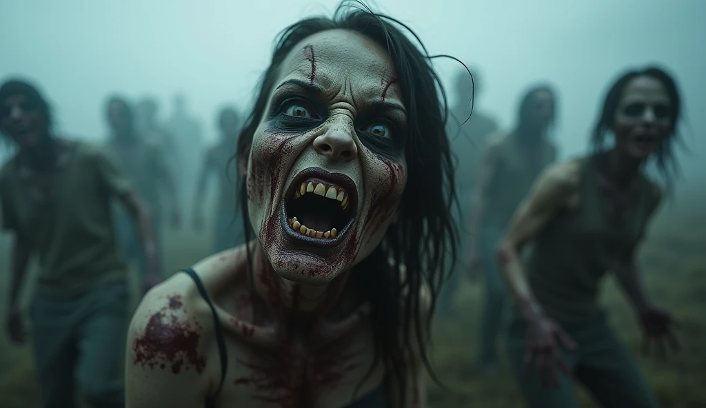 (masterpiece, best quality:1.2), ((RAW photo, Best quality)), (Realistic, photo-realistic:1.2), (((Michonne a black woman, a corpse (((hotting zombie))), (((blood, hottinig face))) , hole on face, long dreadlocks hair, ((horror, creepy)) , night, (((White eyes))) . , angry. ((( Exposed brain))), ((gray or greenish skin)), wounds, empty eyes, torn clothes, slow movements, guttural noises, aggressive and cannibalistic behavior. Cinematic lighting.