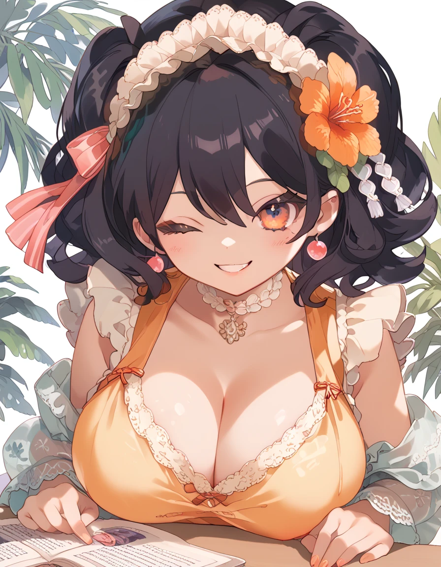 (ultra-detailed, master piece, best quality, high resolution, beautiful hair, beautiful eyes, expressive eyes, perfect face, perfect human structure, photorealistic background),
Midsummer, tropical beach with fresh breeze,
A slightly frizzy, short-cut, high twin-tail, black hair with bangs, very , big droopy eyes, very huge breasts, heterochromatic, pink eye, orange eye girl wearing a fluffy chemise dress and resting her elbows on a pure white round table, smiling, one eye closed, her face is very beautiful and her eyes are perfect. She is smiling, one eye closed, and there is a tropical juice on the table with a lot of tropical fruits.