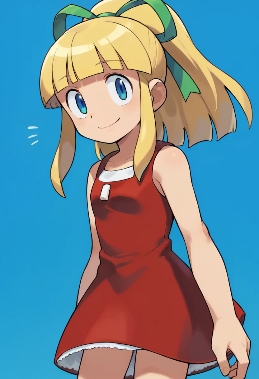 score_9, score_8_up, score_7_up, source_anime, solo, ishikawa hideki style, Roll (Mega man), long hair, bangs, blue eyes, blonde hair, dress, ribbon, hair ribbon, ponytail, sidelocks, collarbone, sleeveless, blunt bangs, sleeveless dress, red dress, green ribbon, medium chest, standing up smile, blue background