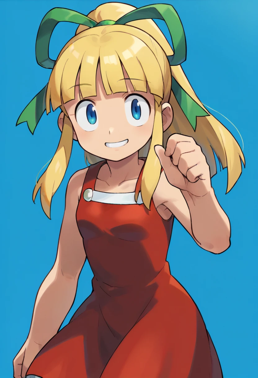 score_9, score_8_up, score_7_up, source_anime, solo, ishikawa hideki style, Roll (Mega man), long hair, bangs, blue eyes, blonde hair, dress, ribbon, hair ribbon, ponytail, sidelocks, collarbone, sleeveless, blunt bangs, sleeveless dress, red dress, green ribbon, medium chest, standing up smile, blue background