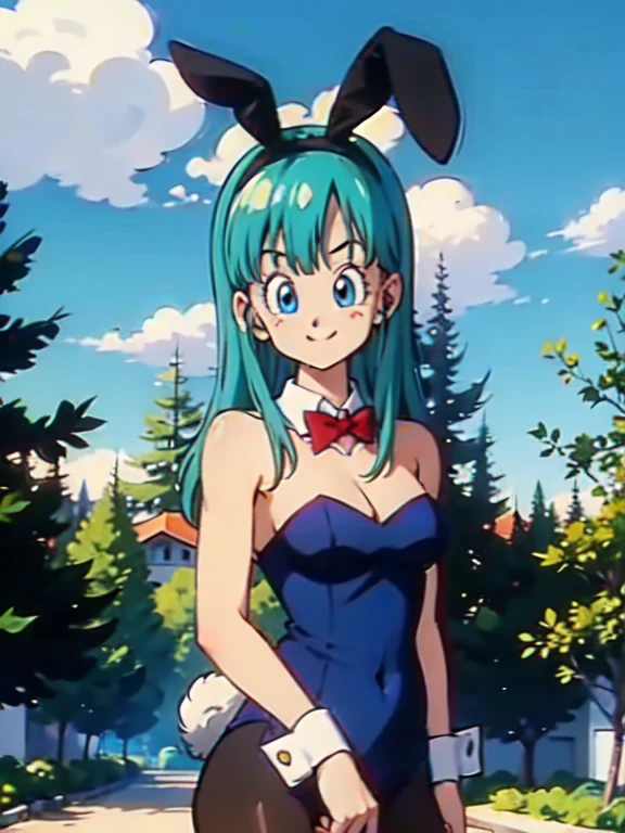 1girl, solo, 20yo girl, Bulma, blue eyes, blue hair, aqua hair, long hair, bangs, straight hair, 
playboy bunny, black leotard, strapless leotard, cleavage, bare shoulders, blue pantyhose, red bowtie, wrist cuffs, rabbit ears, rabbit tail,  smile, closed mouth, cowboy shot, forest, outdoor,
