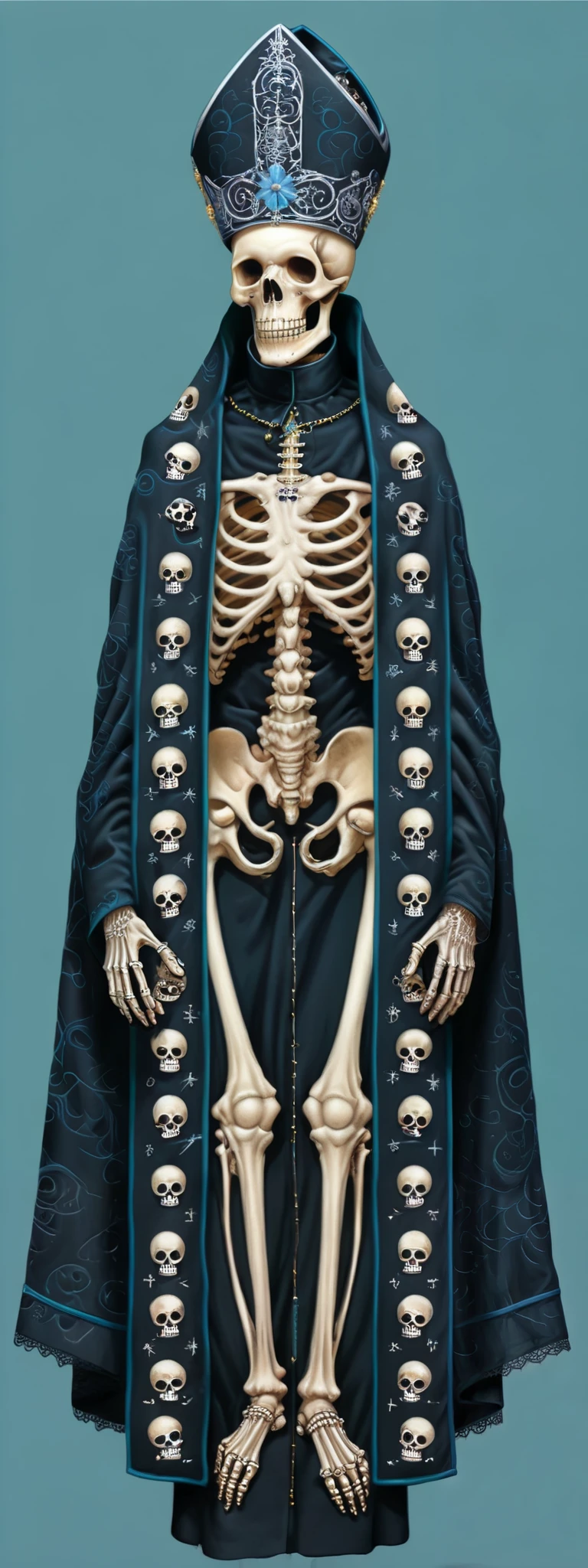  a close up of a skeleton  ( very elongated body )  dressed in a priest's robe , ( with a pattern of tiny skulls on a tunic),  priest skull ,  papal hat ,  intricate skeletal decorations  (Detailed embroidery),  elaborate cult tunics ,  inspired by Francisco de Burgos Mantilla , day of the dead. 8K,  Victorian Day of the Dead , 8K highly detailed ❤🔥 🔥 💀 🤖 🚀,  made of intricate skeleton lace , All skeletons, Catholic punk , gothic art style  .  illustration digital ultra realista ( full image in the format ) ( front view) ((centered image parallel to the edges))  by Tsutomu Nihei ,( strange but extremely beautiful:1.4),(masterpiece,  Best Quality :1.4),In the style of Nicola Samori, iron fist  (Orson Randall ), Woven art , Erik Madigan Heck Style page , portrait, illustration,drawing,describe,bold describe, luminous , tattoo design  , Alex Gross Style page  ((Full priestly body , floating)) (holy posture ) ( relaxed arms ) ( upright and relaxed posture ) "" the priest's body doesn't come out on the edge"" 