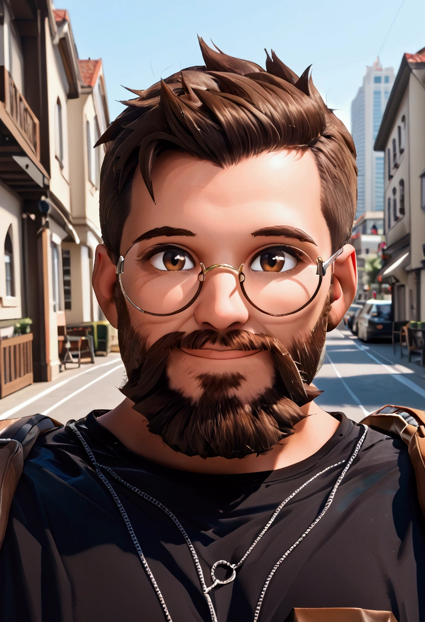 1 boy, round glasses, short dark brown hair, long beard, black beard, brown eyes, black shirt, big chest, character select portrait, head facing to the right, looking at viewer, city background, 8k, high detail, smile