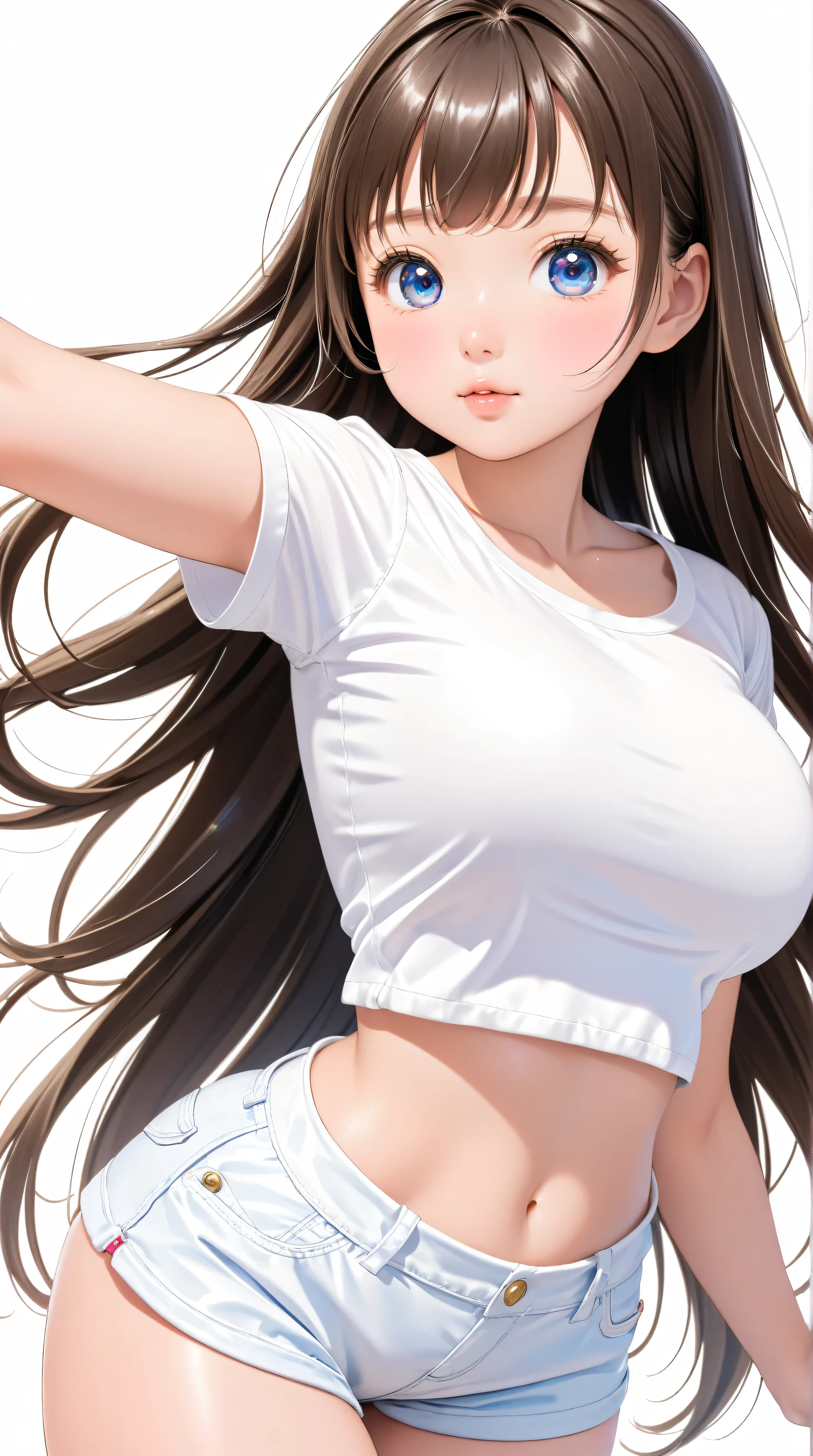 cute girl . Very kawaii , round face . alone , Slim , huge breasts , short and small . shiny skin . Pure white tube top T-shirt . shorts . dynamic poses . dynamic angle . No background , White background , looking at the audience