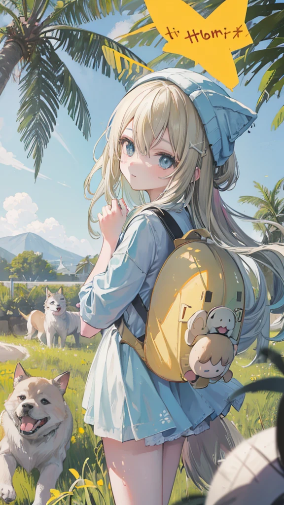 Anime Girl (((Yellow backpack ))) and ((( Four dogs in a coconut tree field ))), (((( girl with blue eyes )))), (((  The girl wearing a beanie ))),  Lovely Detailed Digital Art ,  cute digital painting , ((((The camera is in front of the character)))),  Gouvez style art,  realistic anime 3D style,  anime styled 3d, 一个可爱的3DAnime Girl的渲染,  made using an anime cartographer's studio,  anime style. 8K, Art on Art Station, animated visual effects， Cute Girl,