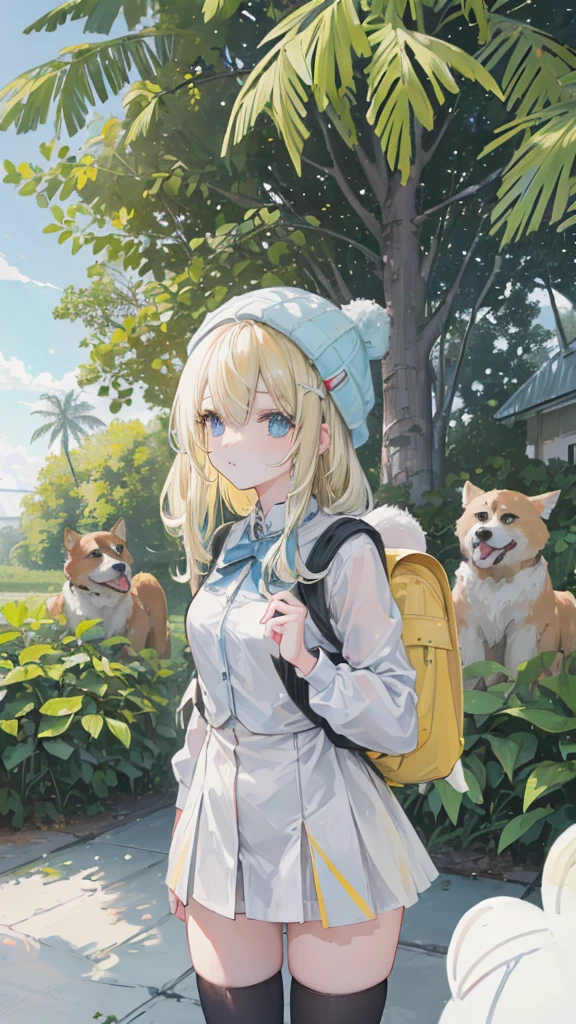 Anime Girl (((Yellow backpack ))) and ((( Four dogs in a coconut tree field ))), (((( girl with blue eyes )))), (((  The girl wearing a beanie ))),  Lovely Detailed Digital Art ,  cute digital painting , ((((The camera is in front of the character)))),  Gouvez style art,  realistic anime 3D style,  anime styled 3d, 一个可爱的3DAnime Girl的渲染,  made using an anime cartographer's studio,  anime style. 8K, Art on Art Station, animated visual effects， Cute Girl,