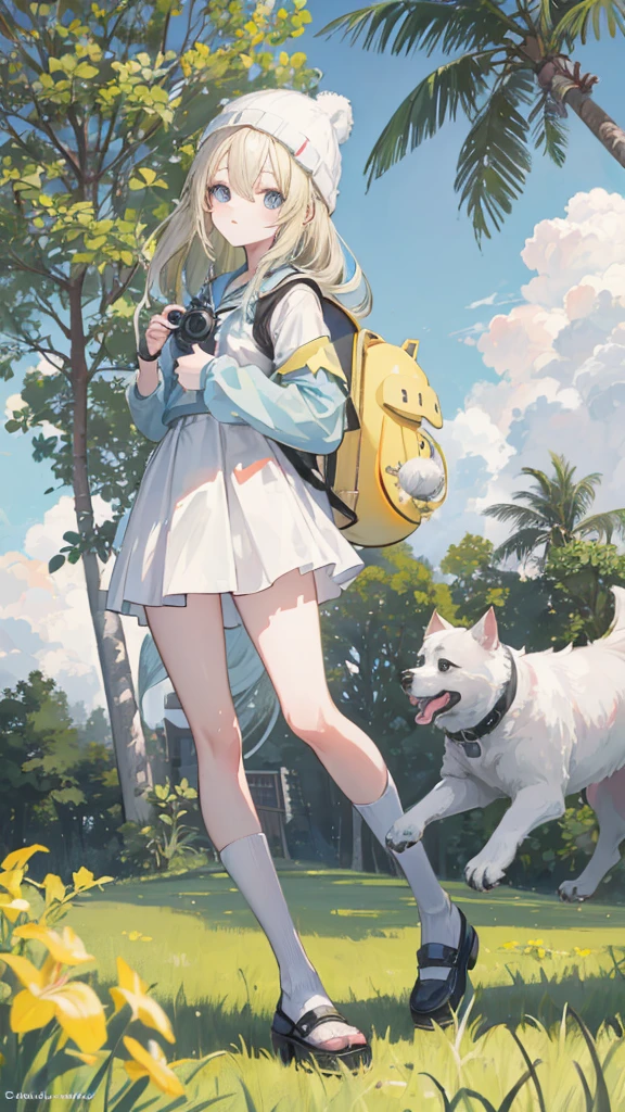 Anime Girl (((Yellow backpack ))) and ((( Four dogs in a coconut tree field ))), (((( girl with blue eyes )))), (((  The girl wearing a beanie ))),  Lovely Detailed Digital Art ,  cute digital painting , ((((The camera is in front of the character)))),  Gouvez style art,  realistic anime 3D style,  anime styled 3d, 一个可爱的3DAnime Girl的渲染,  made using an anime cartographer's studio,  anime style. 8K, Art on Art Station, animated visual effects， Cute Girl,