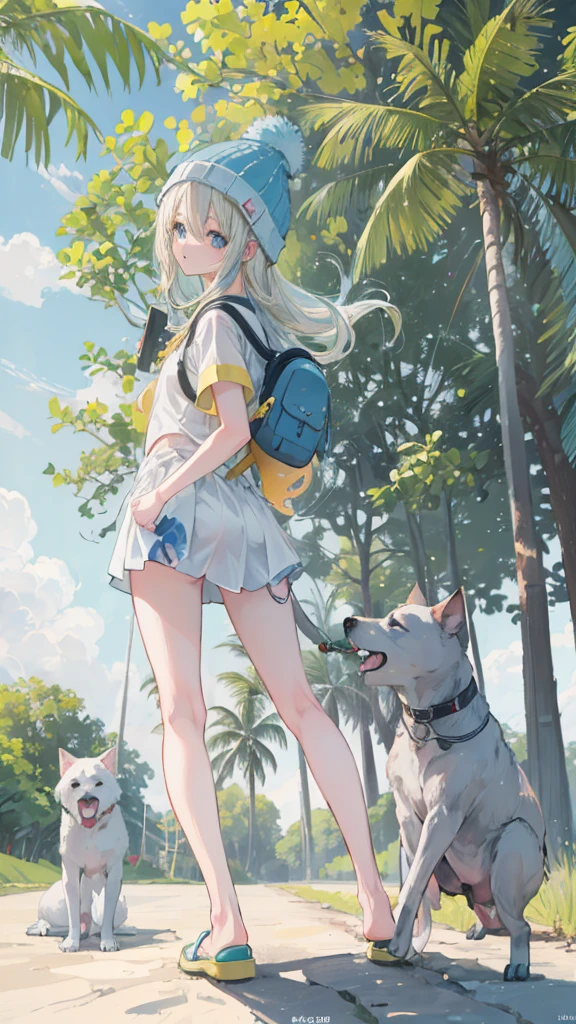 Anime Girl (((Yellow backpack ))) and ((( Four dogs in a coconut tree field ))), (((( girl with blue eyes )))), (((  The girl wearing a beanie ))),  Lovely Detailed Digital Art ,  cute digital painting , ((((The camera is in front of the character)))),  Gouvez style art,  realistic anime 3D style,  anime styled 3d, 一个可爱的3DAnime Girl的渲染,  made using an anime cartographer's studio,  anime style. 8K, Art on Art Station, animated visual effects， Cute Girl,