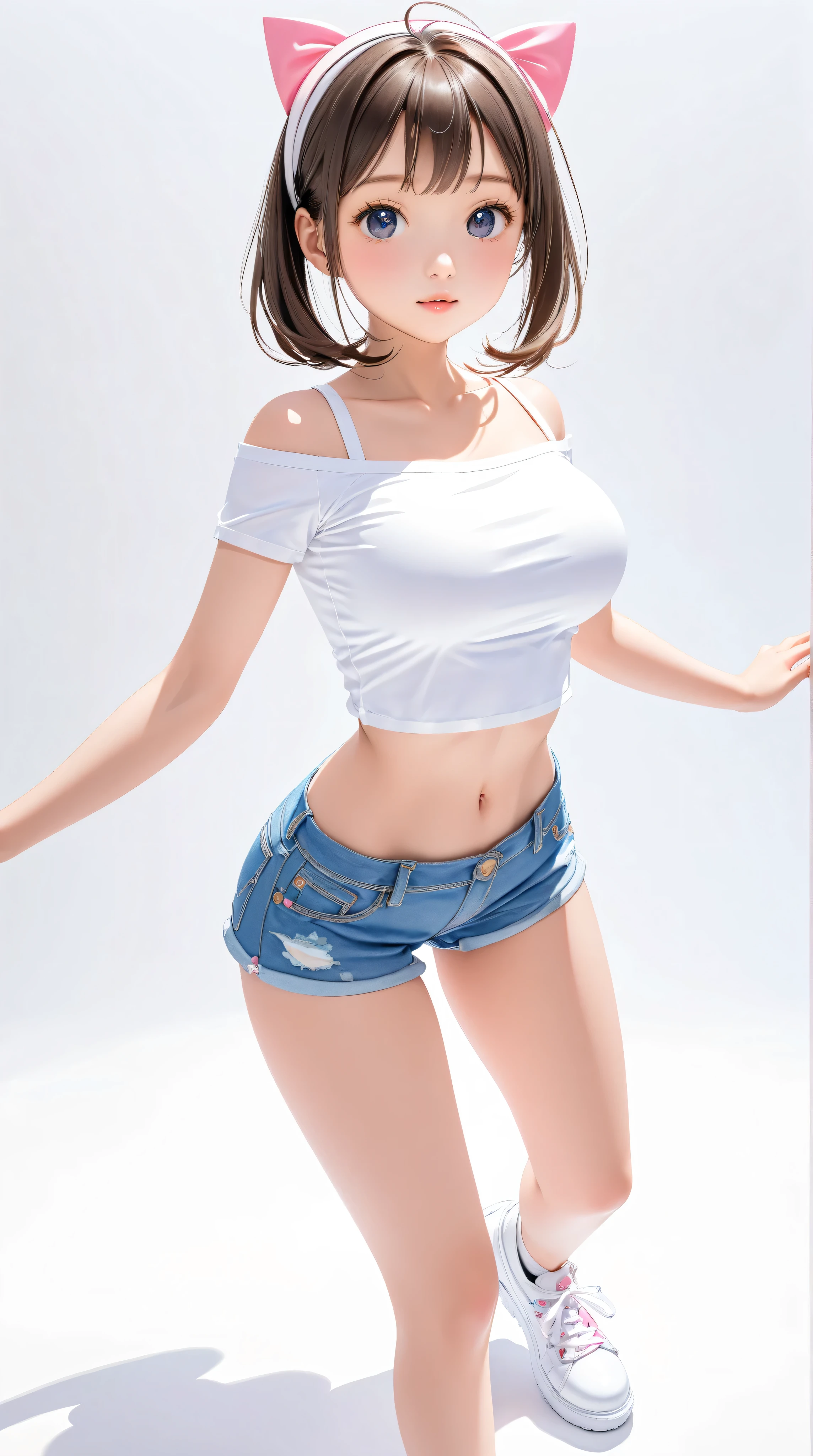 cute girl . Very kawaii , round face . alone , Slim , huge breasts , short and small . shiny skin . Pure white tube top T-shirt . shorts . dynamic poses . dynamic angle . No background , White background , looking at the audience