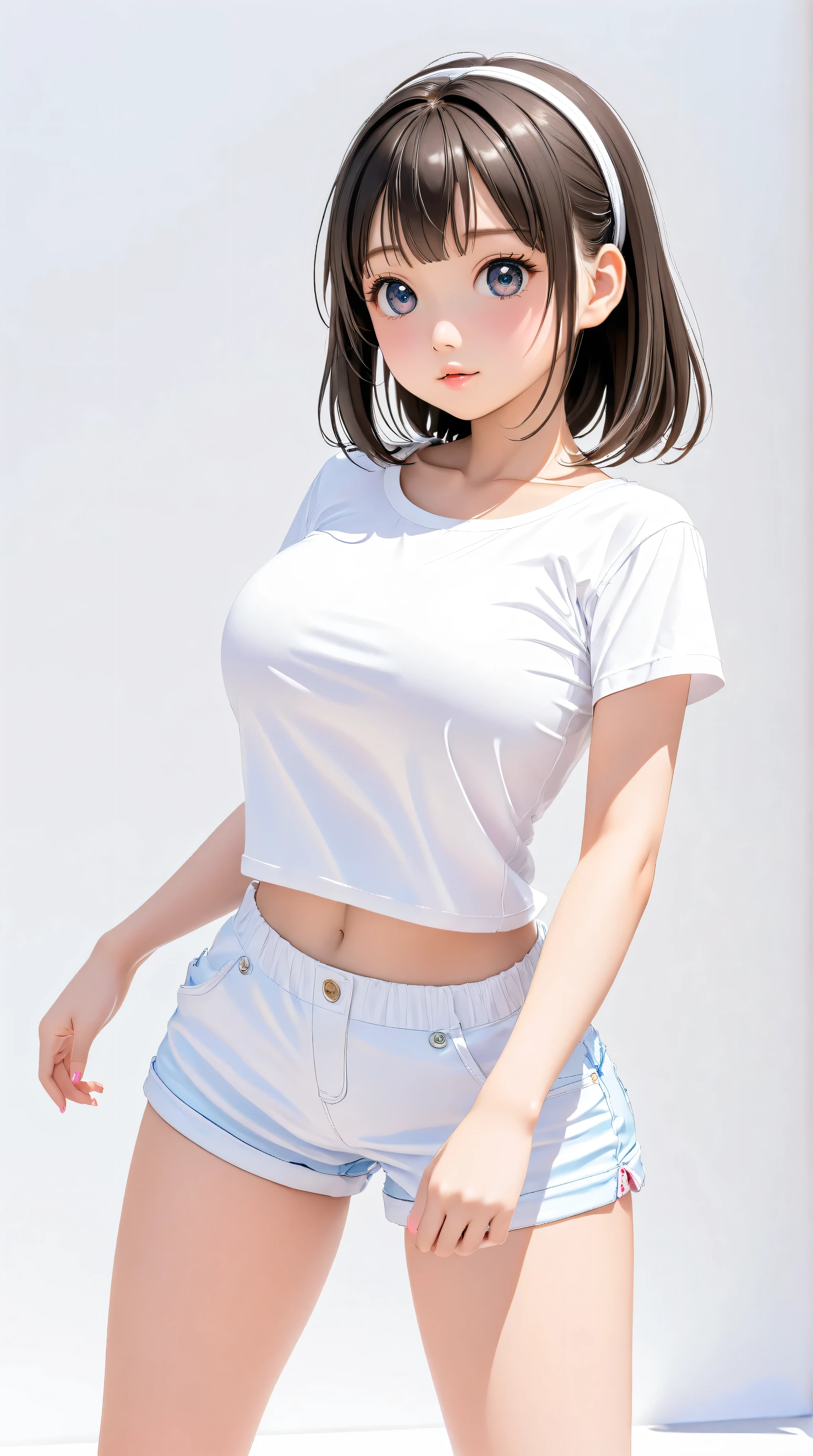 cute girl . Very kawaii , round face . alone , Slim , huge breasts , short and small . shiny skin . Pure white tube top T-shirt . shorts . dynamic poses . dynamic angle . No background , White background , looking at the audience