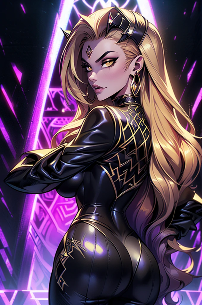 absurdres, ((stunning female Vampire))), goth Renaissance, (long blonde hair:1.erfect and detailed angular sharp oval shaped face, angry face, ((yellow eyes)), jewelry, red and black tetradic colors, full lips, gothic castle background, (solo), perfect anatomy, approaching perfection, ethereal, intricate details, ultra-high definition, 12k resolution, goth aesthetic, smooth, sharp focus, dreamy, glowing, backlit, glamour, glimmer, fantastical, shadows, smooth, Gothic crown, backwards, looking back