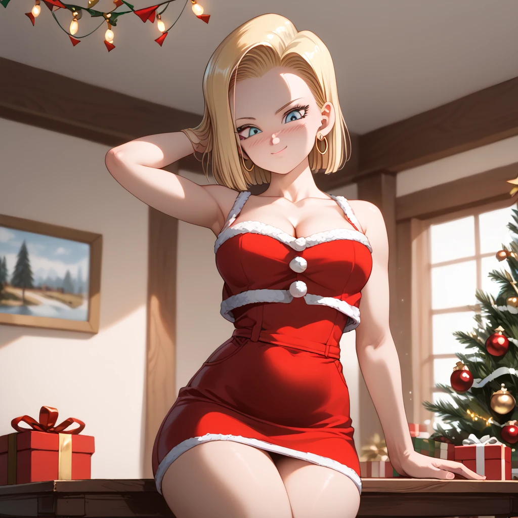 sysdeep_android18, android 18, blonde hair, blue eyes, eyelashes, hoop earrings, short hair, earrings, photorealistic, detailed coloring, anime style, detailed high quality, chromatic aberrations, ultra detailed quality skin, detailed ray tracing lighting,, masterpiece、 best quality、masterpiece, high definition , 8K quality, perfect face, solo, 1 girl, beautiful face, beautiful detailed eyes, Alone, cute face、nose blush, red cheek, large butt, looking at viewer, wearing a smug expression, looking down, (from below), cleavage, closed mouth, standing, hair slicked back, collarbone, Staring at the viewer, (Christmas costume,mini skirt,), ass line, sitting on table, crossed legs, arm behind head, sexy pose, sensual expression, sensual pose, blurry background, festive decorations, twinkling lights, decorated Christmas tree, cozy indoor setting, warm color tones,upper body