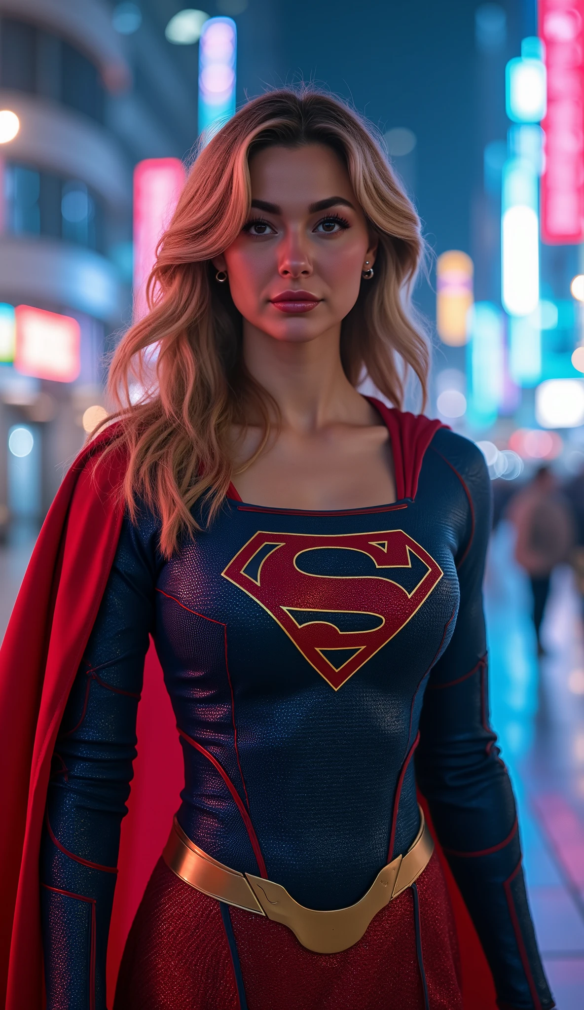 Hania Amir in Supergirl costume, HD, remastered, HQ, 4K quality, cyberpunk cityscape, The very sexy Supergirl with her neckline outfit 