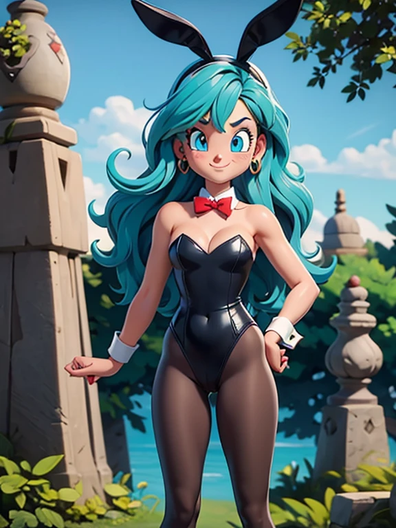 ((Masterpiece)), ((Best Quality)), Full body, hq artwork, cowboy shot, Beautiful digital artwork, 1girl, solo, 20yo girl, Bulma, blue eyes, blue hair, aqua hair, long hair, bangs, straight hair, playboy bunny, black leotard, strapless leotard, cleavage, bare shoulders, blue pantyhose, red bowtie, wrist cuffs, rabbit ears, rabbit tail, smile, closed mouth, forest, outdoor,
