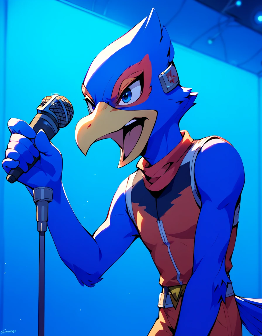 score_9, score_8_up, score_7_up, score_6_up, 1boy, solo, Falco lombardi, straight on, side face, angry, open mouth, Elongated body, thin body, thin arms, look, Hold microphone, singing, inside spaceship, beckoning, Blue background, stage Blue room, 