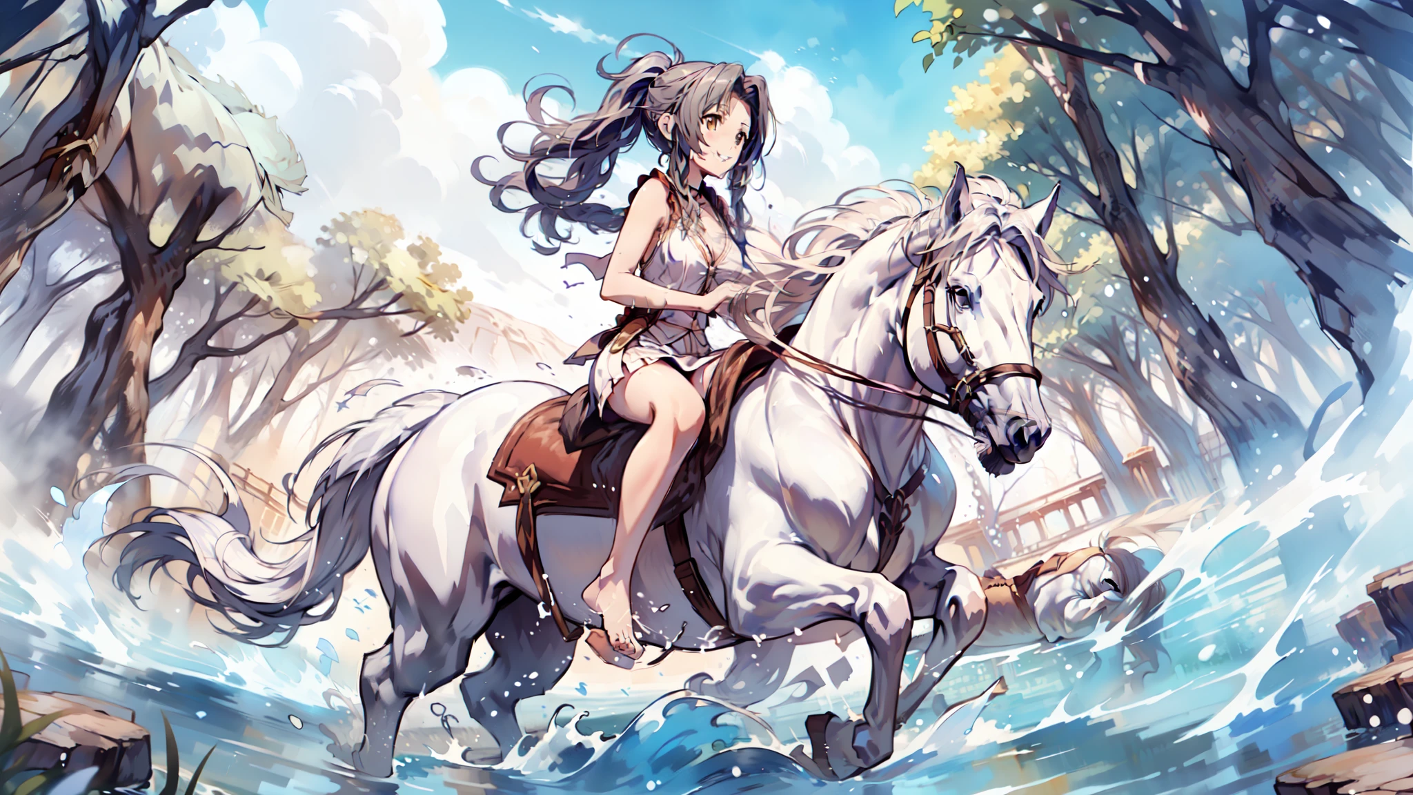 ((best quality)), ((anime masterpiece)), (high detailed), 8k, cinematic lighting, perfect face, medium breast, cleavage, (((a smiling woman wearing miniskirt riding on a WHITE HORSE)), (ponytail, {brunette hair}), (sleeveless, miniskirt, bare legs, barefoot)), (white horse, saddle, reins, bridle), solo, (in the river, submerge water, splashes, woods, fantasy settings:1.2), both hand holding rein, from side: 1.2, anatomically correct 