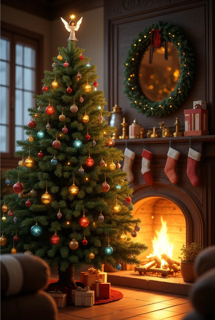 Christmas tree by the fireplace, covered with colorful ornaments, angel on top