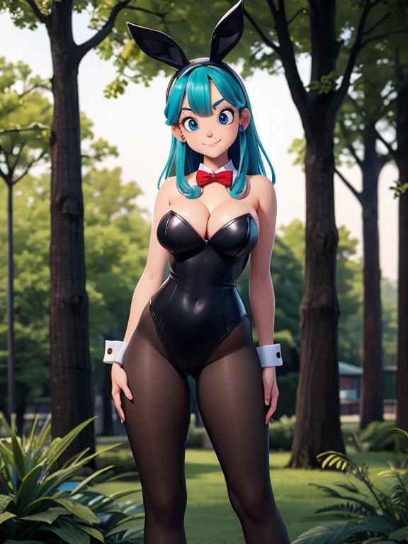 ((Masterpiece)), ((Best Quality)), Full body, hq artwork, cowboy shot, Beautiful digital artwork, 1girl, solo, 20yo girl, Bulma, blue eyes, blue hair, aqua hair, long hair, bangs, straight hair, playboy bunny, black leotard, strapless leotard, large breasts, cleavage, bare shoulders, blue pantyhose, red bowtie, wrist cuffs, rabbit ears, rabbit tail, smile, closed mouth, forest, outdoor,
