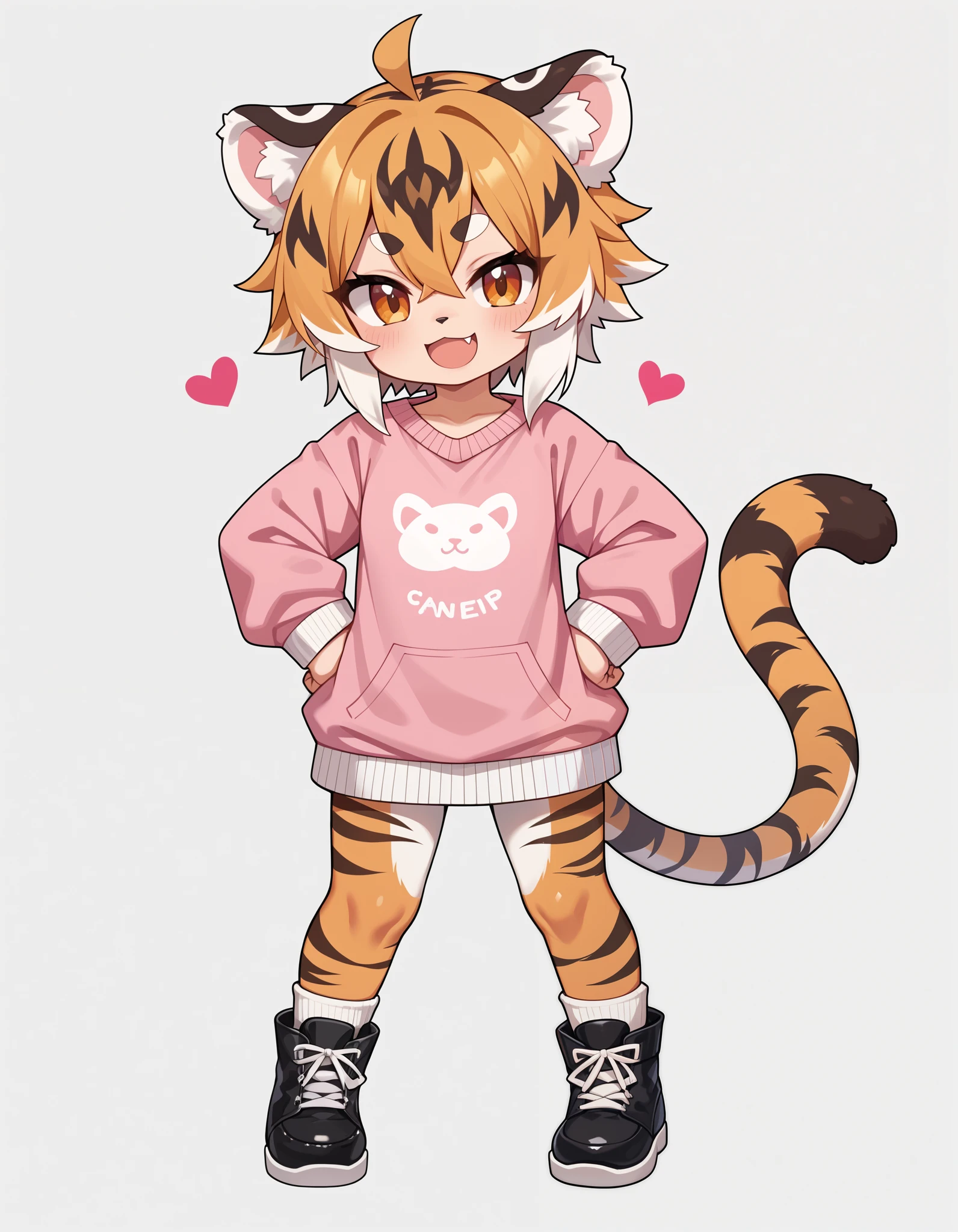 score_9, score_8_up, score_7_up,, colorful, furry, heart, paw pose, simple background, smile, sweater, tail, tiger ears, tiger tail, black footwear, hands on own hips, :3, tiger girl, looking at viewer, white background, fang, chibi, animal ear, standing, animal ear fluff, masterpiece, best quality, newest, very awa