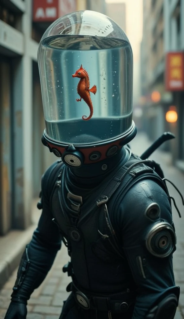  A dynamic ninja is in battle position ,  his sleek black armor reflecting the faint light . Instead of a normal head ,  he has a transparent aquarium like his head , Full of water.  Inside the tank , A small one,  furious seahorse is swimming aggressively ,  his raised tail as if ready to fight .  The ninja's body is tense , ready to attack,  while the seahorse mirrors his determination ,  emanating a comically intense vibration . the background is blurred,  emphasizing the action and surreal nature of the ninja's unusual head .  Realistic shading highlights the fluid movement and dramatic tension in the scene.