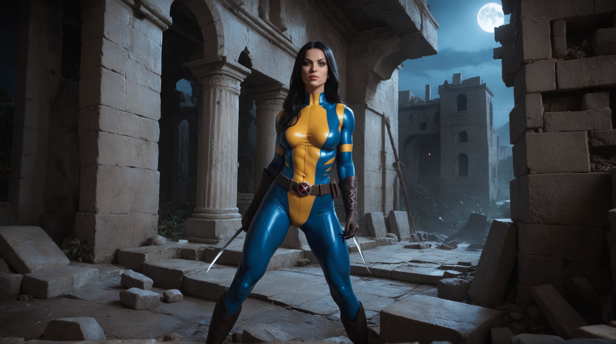 score_9, score_8_up, score_7_up, masterpiece, high quality, BREAK
 LraKinyX, long hair, bodysuit, gloves, belt, weapons, claws,standing a stone in some ruins, night, looking at viewers, mediumshot