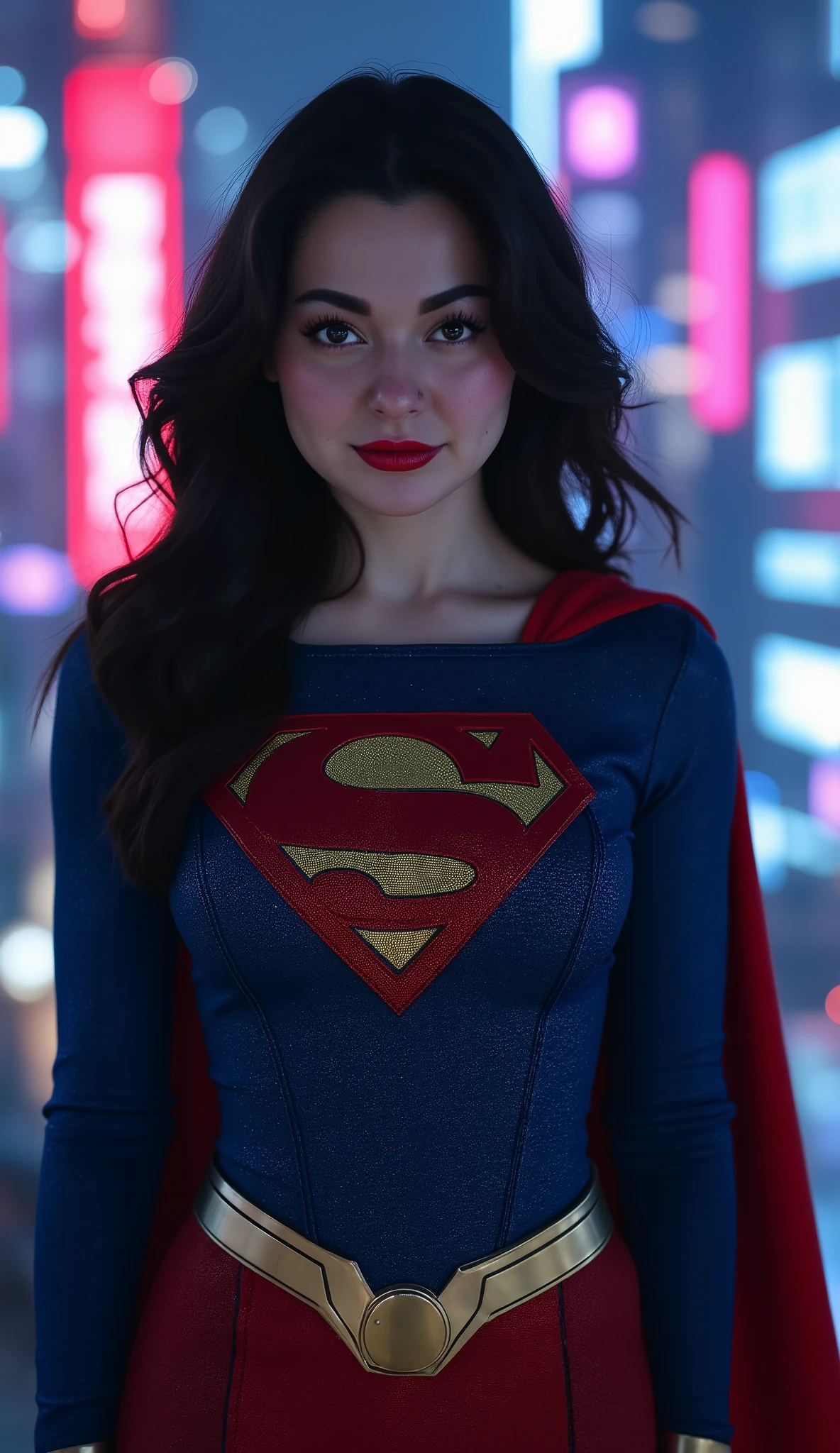 Hania Amir in Supergirl costume, (black hair), HD, remastered, HQ, 4K quality, cyberpunk cityscape, The very sexy Supergirl with her neckline outfit 