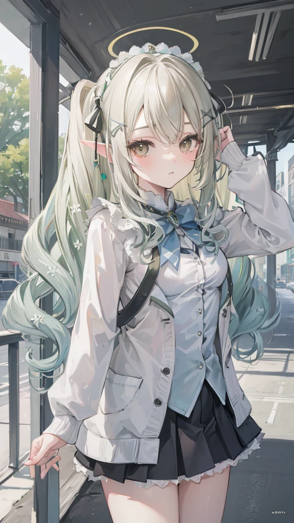 masterpiece ,  are of the best quality,Nashida( genesis influence) ,1 Girl ,  small breasts, long hair ,Side Ponytail, Hair accessories , White hair ,   green hair  , Hands behind head:1.5, colorful hair , Elf , Pointed ears ,  school uniform , skirt ,Cardigan,road , street, watching the audience 