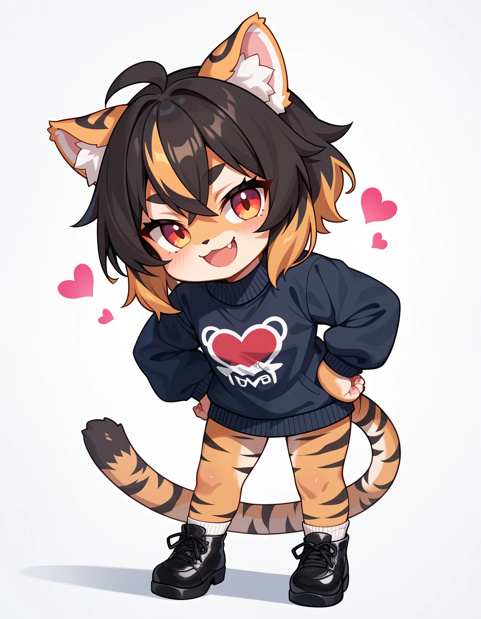 score_9, score_8_up, score_7_up,, colorful, furry, heart, paw pose, simple background, smile, sweater, tail, tiger ears, tiger tail, black footwear, hands on own hips, :3, tiger girl, looking at viewer, white background, fang, chibi, animal ear, standing, animal ear fluff, masterpiece, best quality, newest, very awa