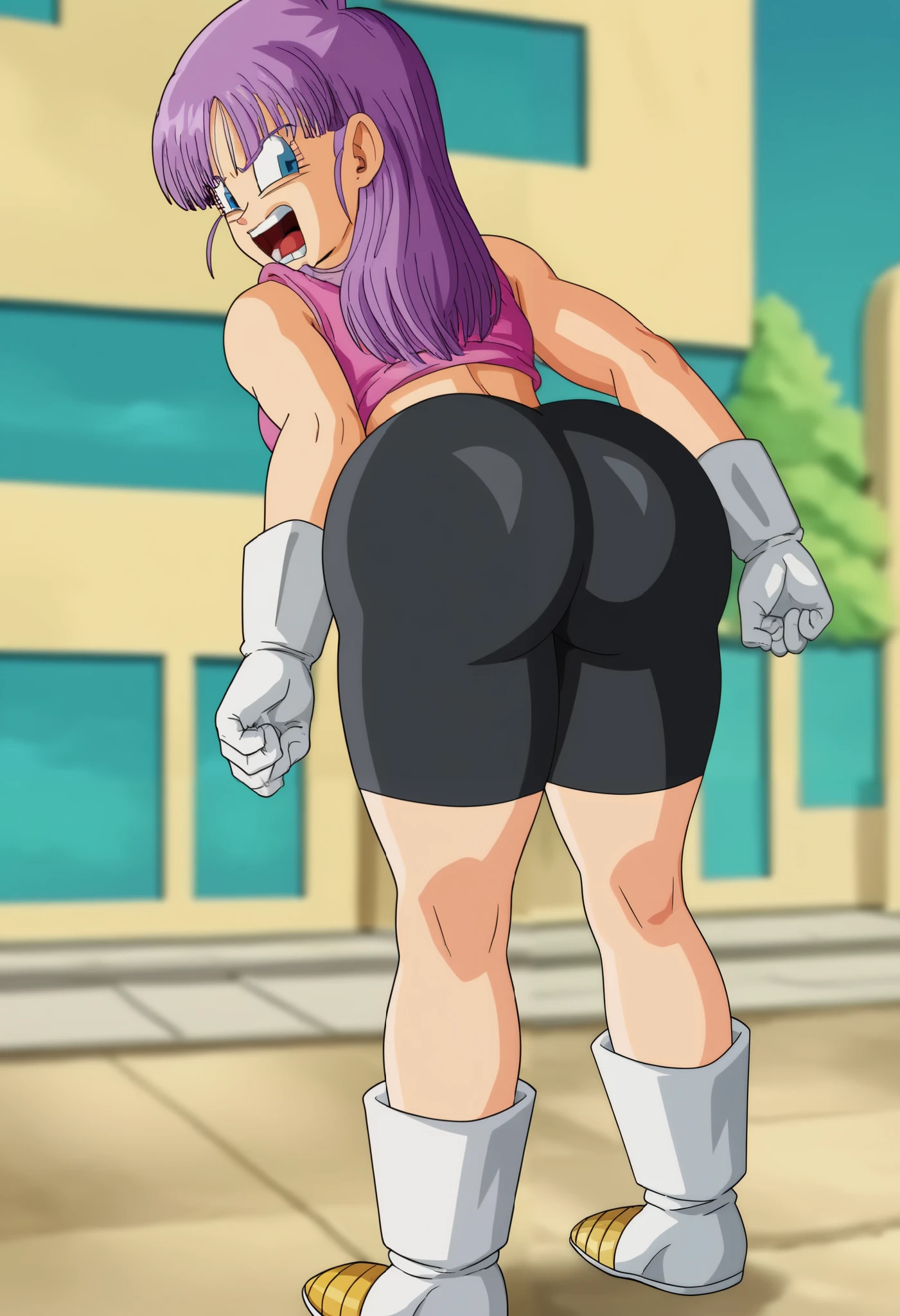 source_anime, score_9, score_8_up, score_7_up, anime screencap,8k, absurd res,
bra \(dragon ball\), 1girl, solo, long hair, open mouth, blue eyes, purple hair, big ass, thick thighs, boots, looking back, white gloves, from behind, bike shorts, pantylines, hair down, (saiyan bots)
 