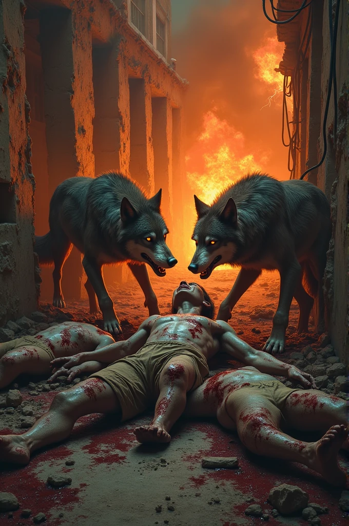 Draw wolves tearing human beings apart in a ferocious way