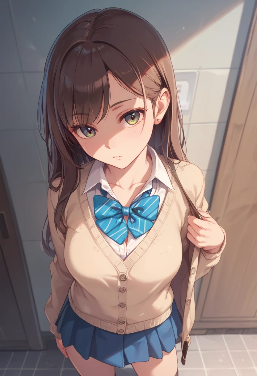 (((masterpiece) ((((( top quality))))(( high resolution))))),  very detailed , Ultra-realistic, )、、Lockersルーム、Middle School Girl ，Cardigan、White、White蕾丝内裤、  brown hair 、、Lockers、Change of clothes、((expressionless))、From above.Standing