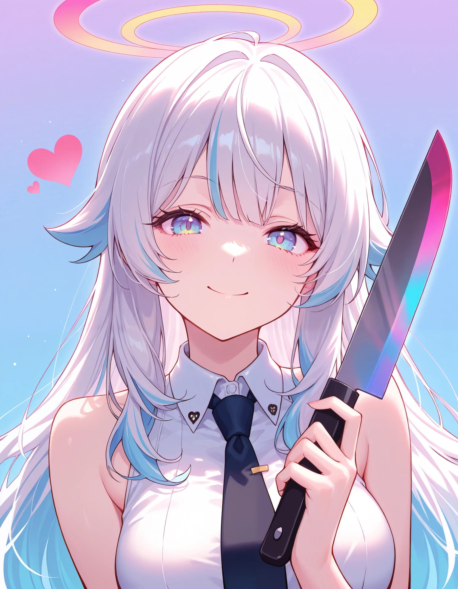 1girl, solo, colorful, simple background, halo, heart, knife, long hair, oversized object, shirt, sleeveless, sleeveless shirt, two-tone hair, white hair, smile, sidelocks, multicolored hair, necktie, masterpiece, best quality, newest, very awa