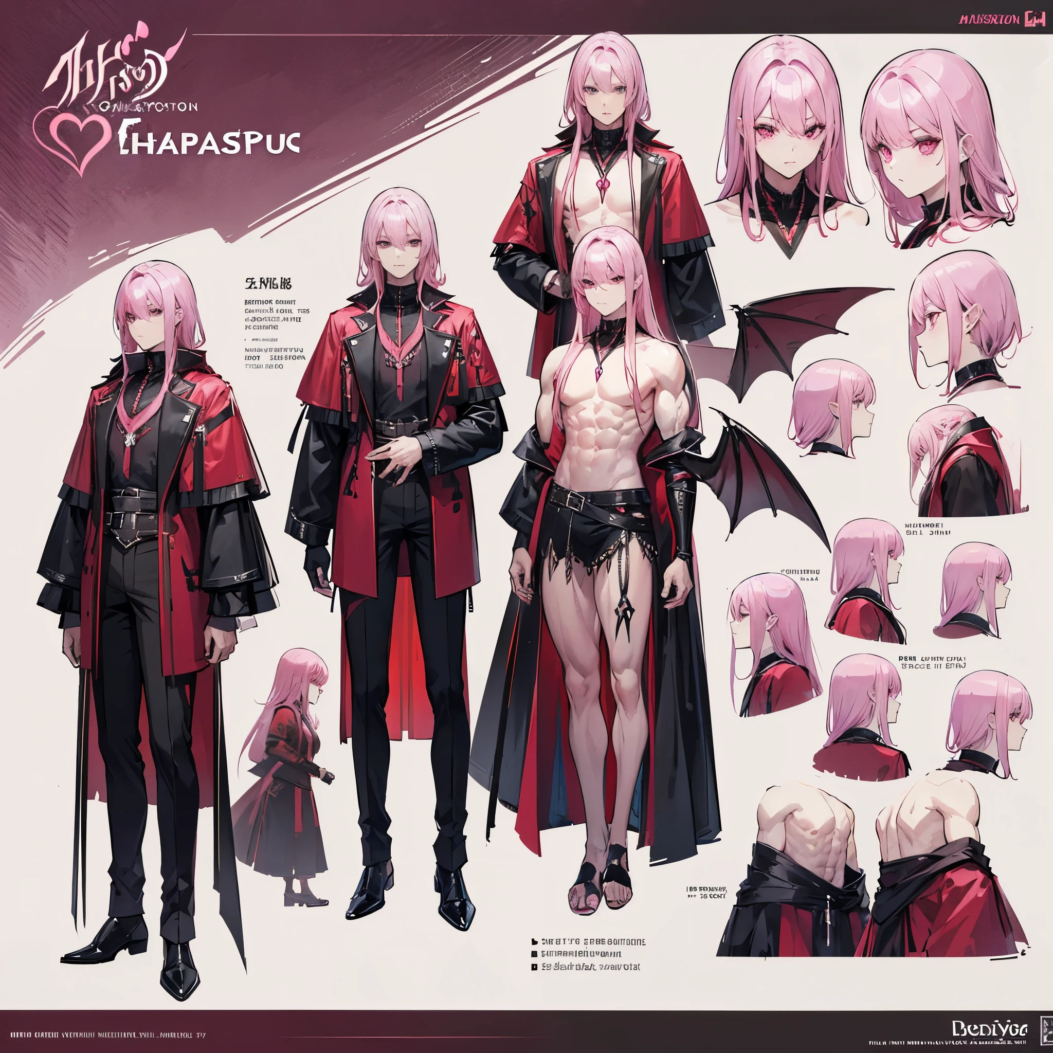 (Masterpiece, best quality), detailed, 1 man, ((character concept art)), ((character design sheet, same character, front, side, back)), full body, body complete, 1 Male angel, 1 Man angel, Detailed face, character design sheet,full bodyesbian, Highly detailed, character sheet, character design, Many parts, dark skin, angel wings, ponytail pink hair, angel outfit, muscle male god, male clothes, masculine, muscle man, male muscle, manly, male angel, Muscle male ponytail pink hair,beautiful man, beautiful muscle man, abs, pectoral muscle